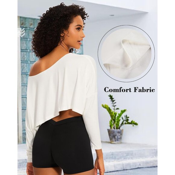 Women Crop Top Long Sleeve Off Shoulder Casual Workout Party Loft - Picture 4 of 5